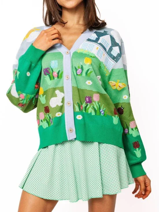 NWT Queen of Sparkles Multi Easter Bunnies & Eggs in Yard Scene Button Up Cardig - Picture 3 of 6